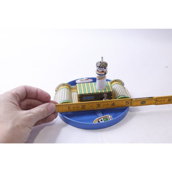 Wind-up Boat Carousel with a Lighthouse, 5 inches Round Tin Toy, Vintage, - Picture 3 of 3